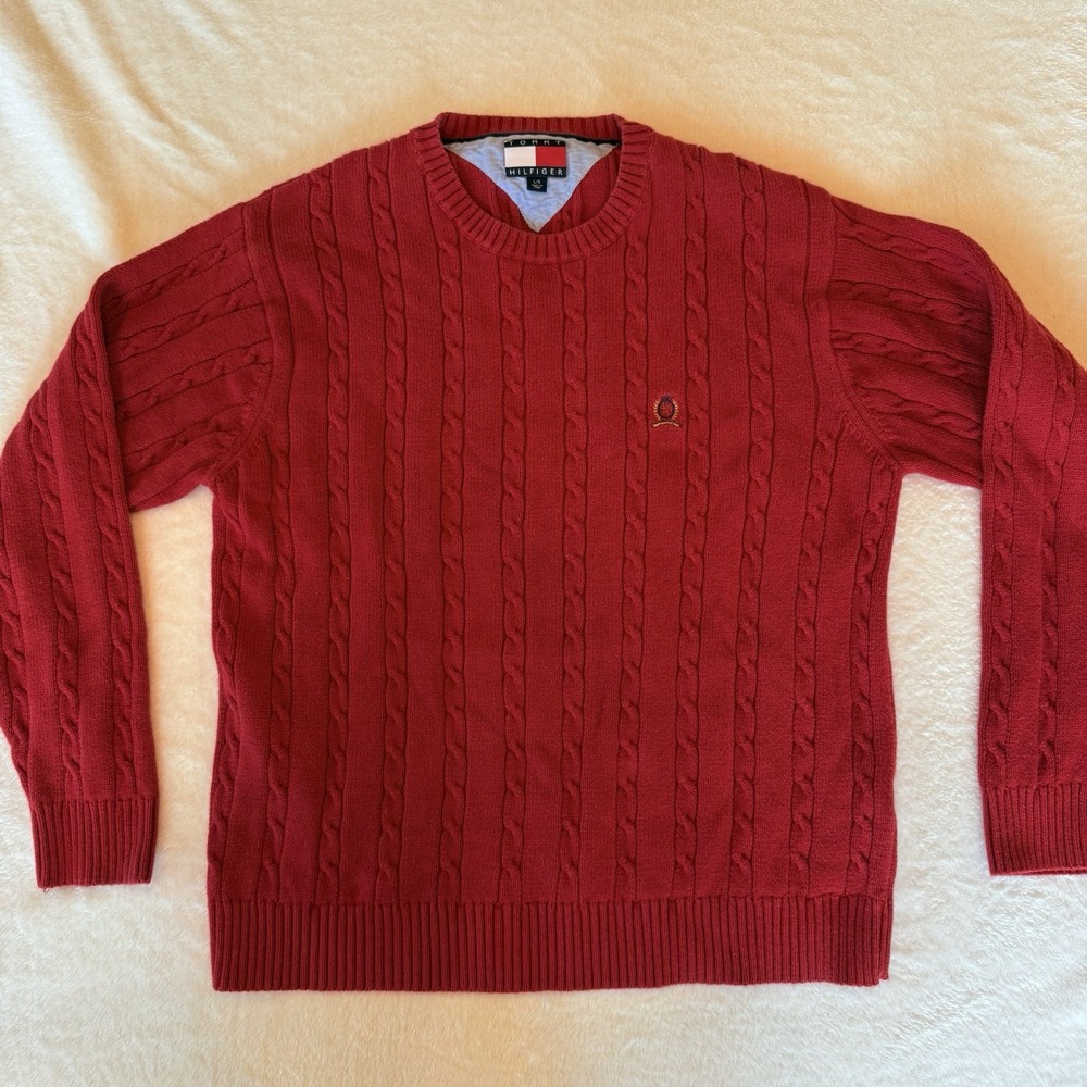 Vintage Tommy Hilfiger Sweater Men's Large Red Cable‎ Knit Embroidered Crest